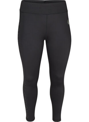 Cropped sports leggings with printed text, Black, Packshot image number 0