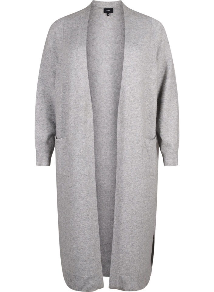 Long knitted cardigan with pockets, Light Grey Melange, Packshot image number 0
