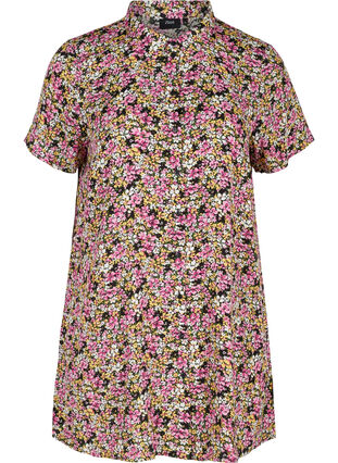 Short-sleeved viscose tunic with buttons, Primula Flower Mix, Packshot image number 0