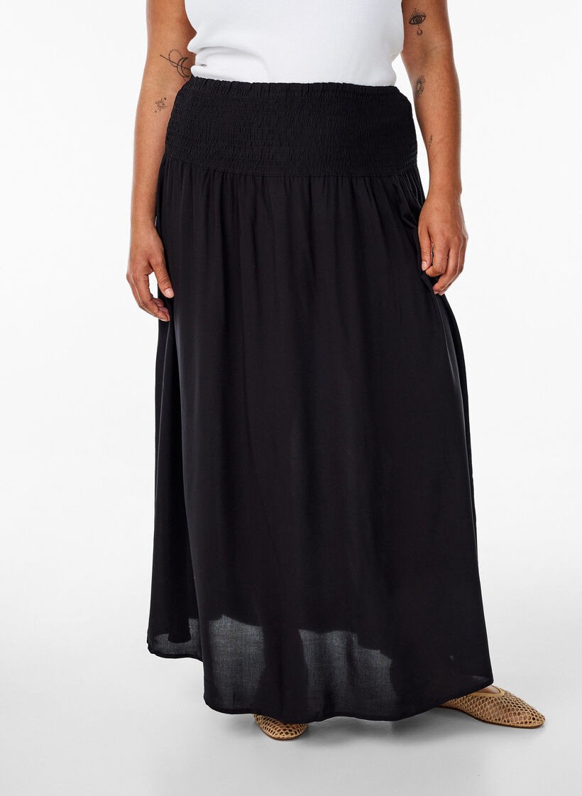 FLASH - Viscose maxi skirt with smocking, Black, Model image number 3