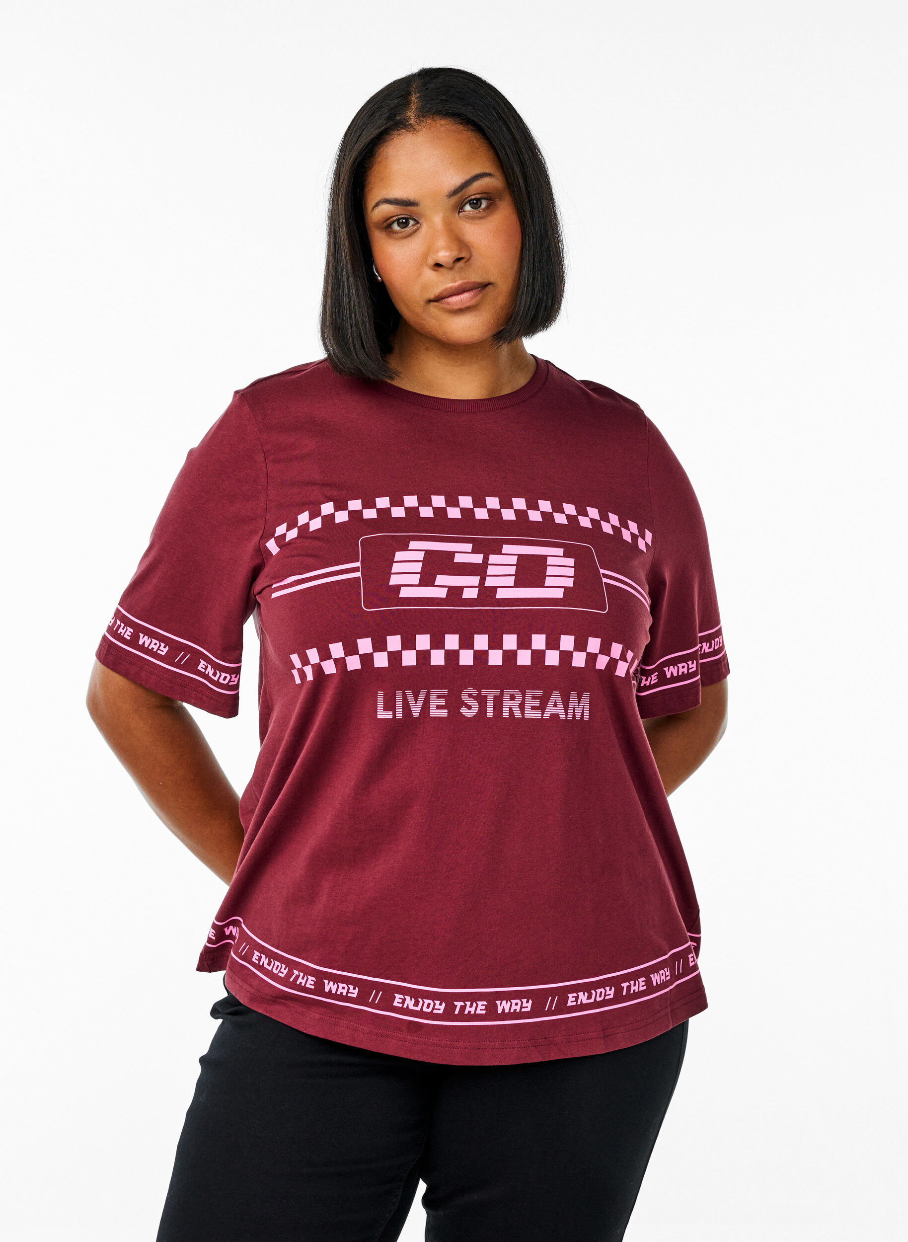 Oversize T-shirt with sporty print, Dark Bordeaux, Model