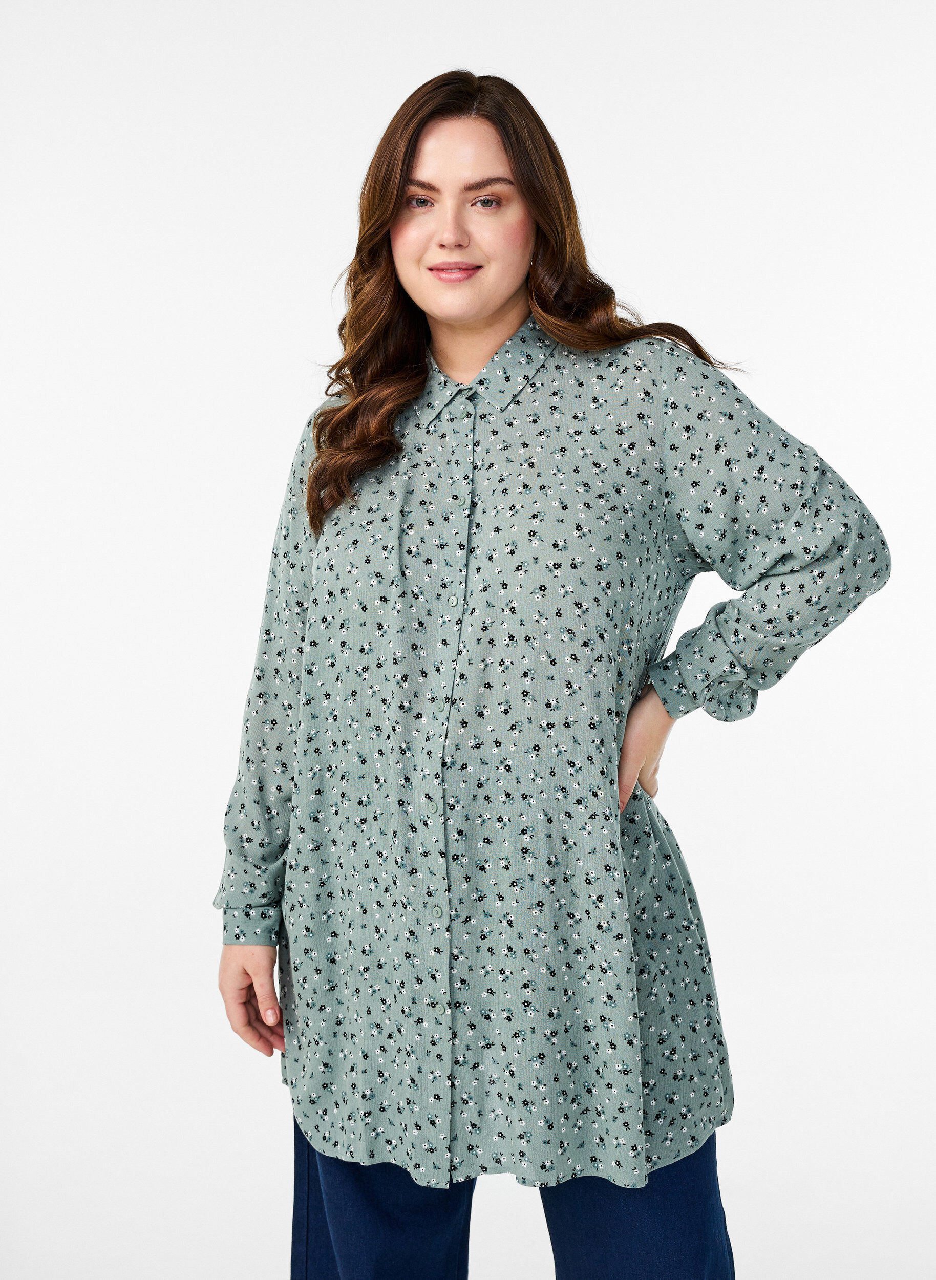 Zizzifashion Long shirt with floral print, Green, Model image number 0