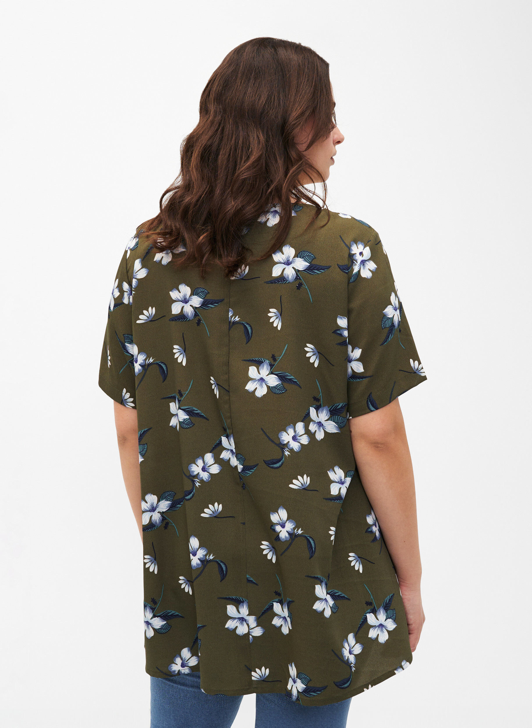 Zizzifashion FLASH - Blouse with short sleeves and print, Olive Night Flower, Model image number 1
