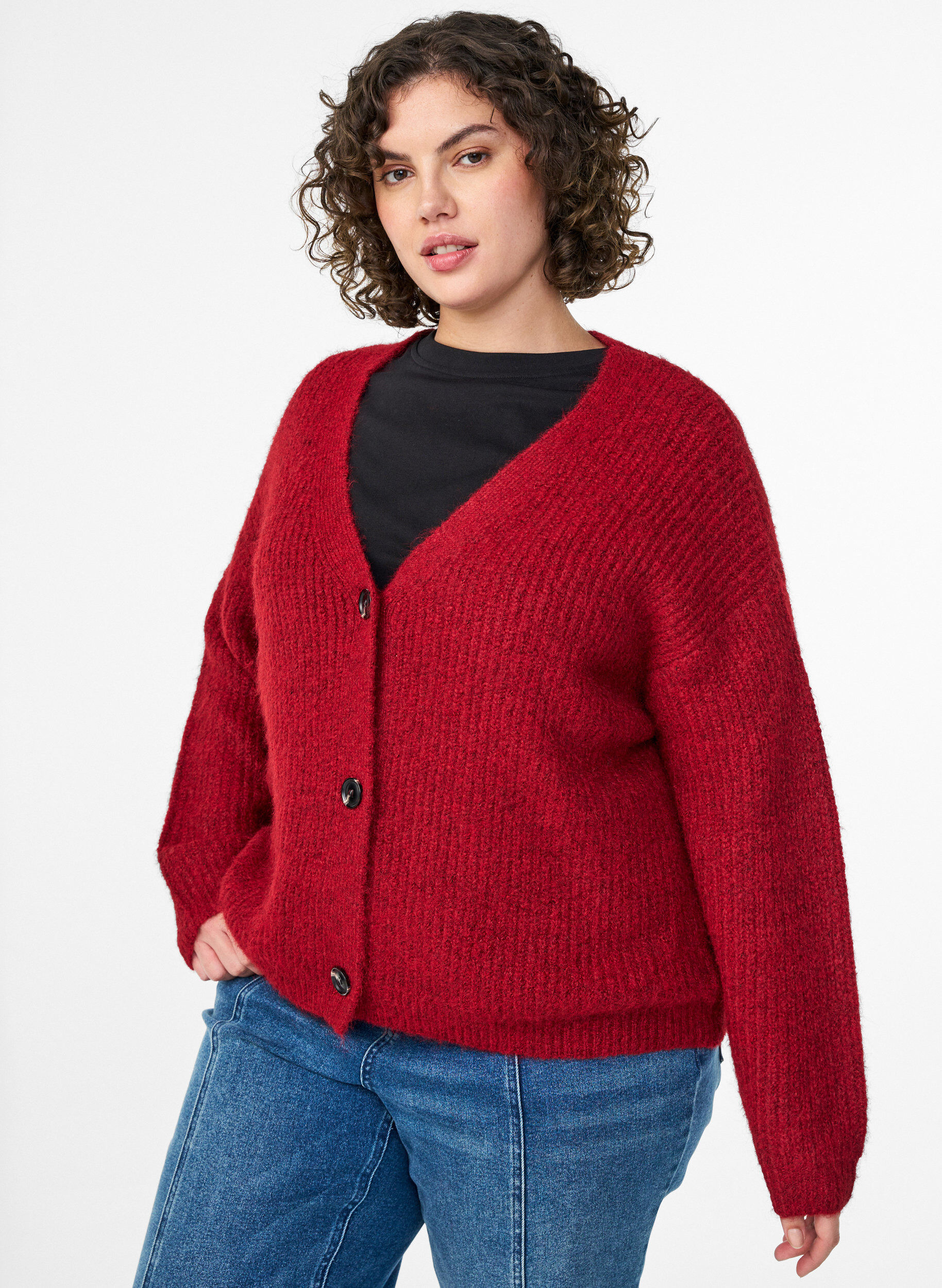 Knit cardigan with v-neck, Red, Model