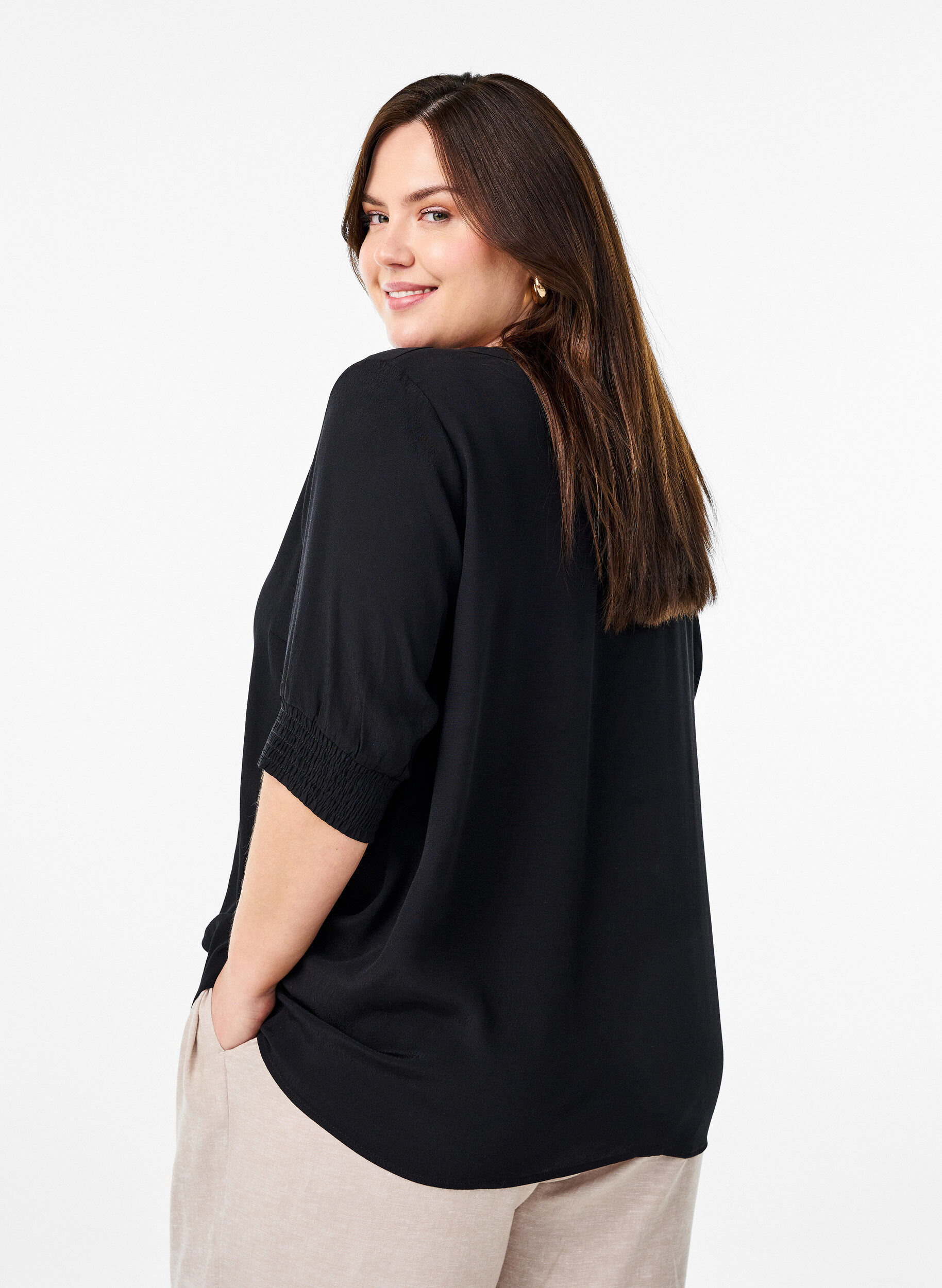Zizzifashion Short-sleeved viscose blouse, Black, Model image number 2