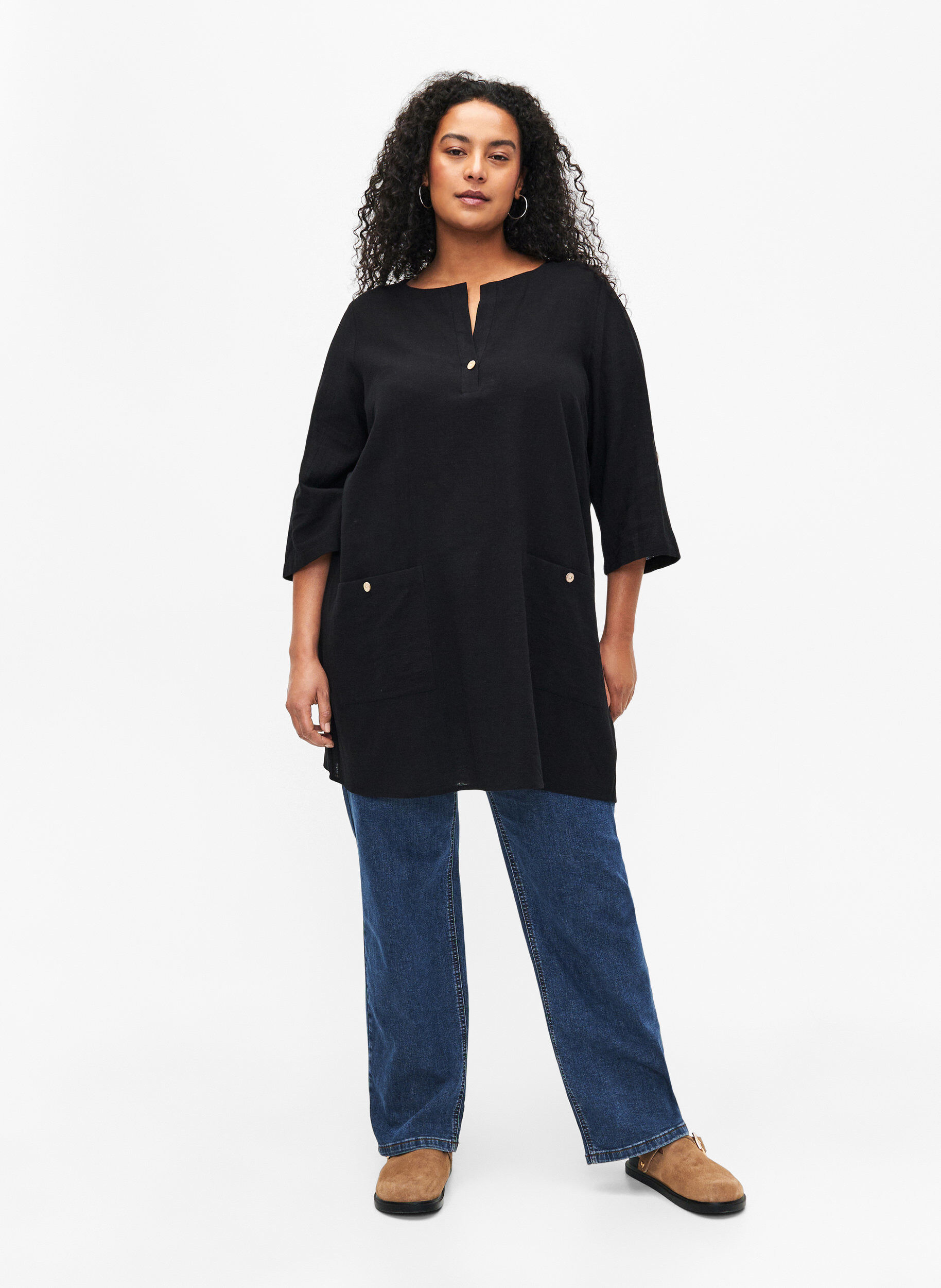 Zizzifashion 3/4 sleeve cotton blend tunic with linen, Black, Model image number 3