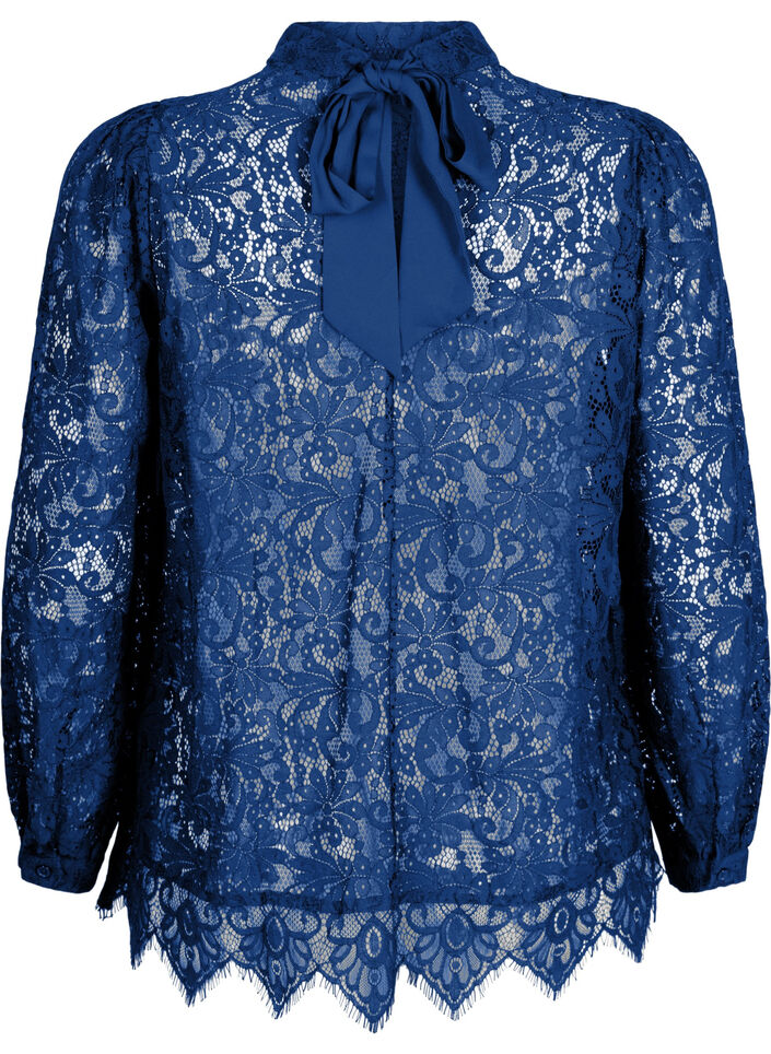 Lace blouse with bow detail, Estate Blue, Packshot image number 1
