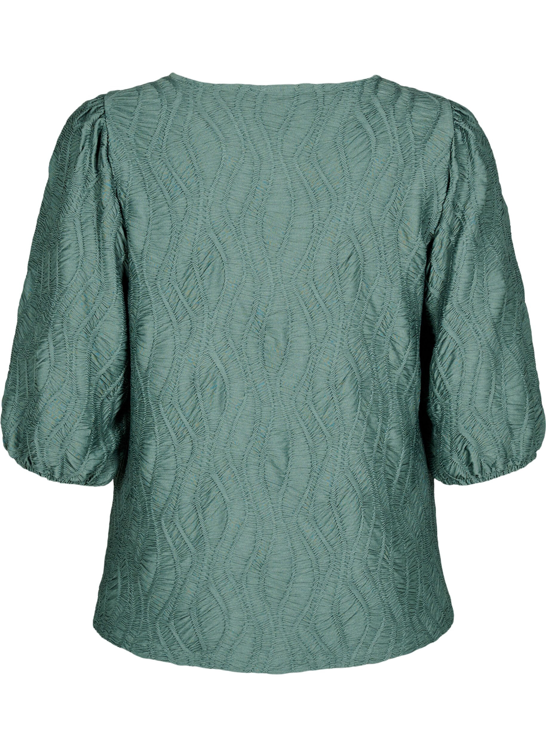 Zizzifashion Blouse with texture and 3/4 sleeves, Green, Packshot image number 1
