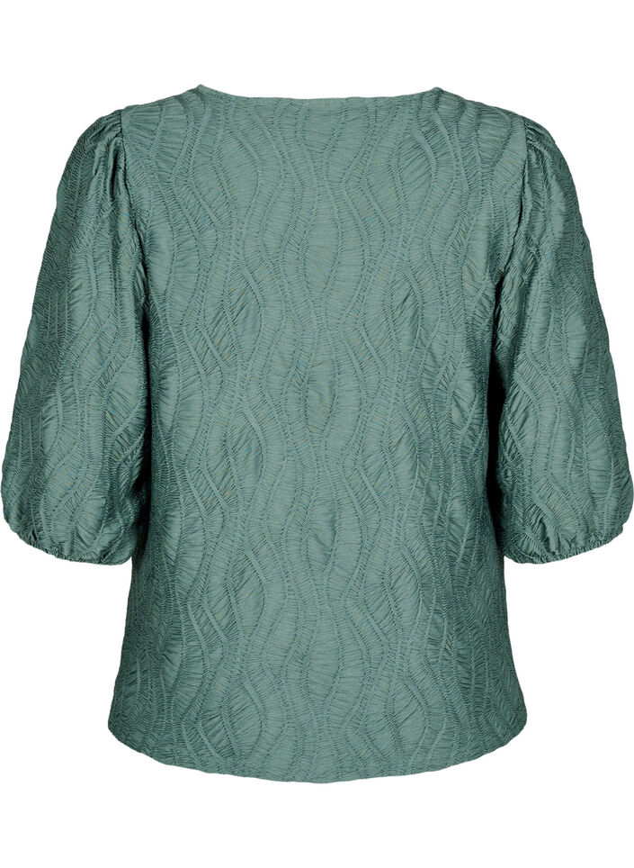 Blouse with texture and 3/4 sleeves, Green, Packshot image number 1