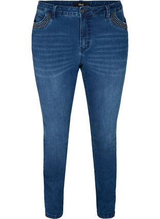 High rise, studded Nille jeans with studs, Medium Blue denim, Packshot image number 0