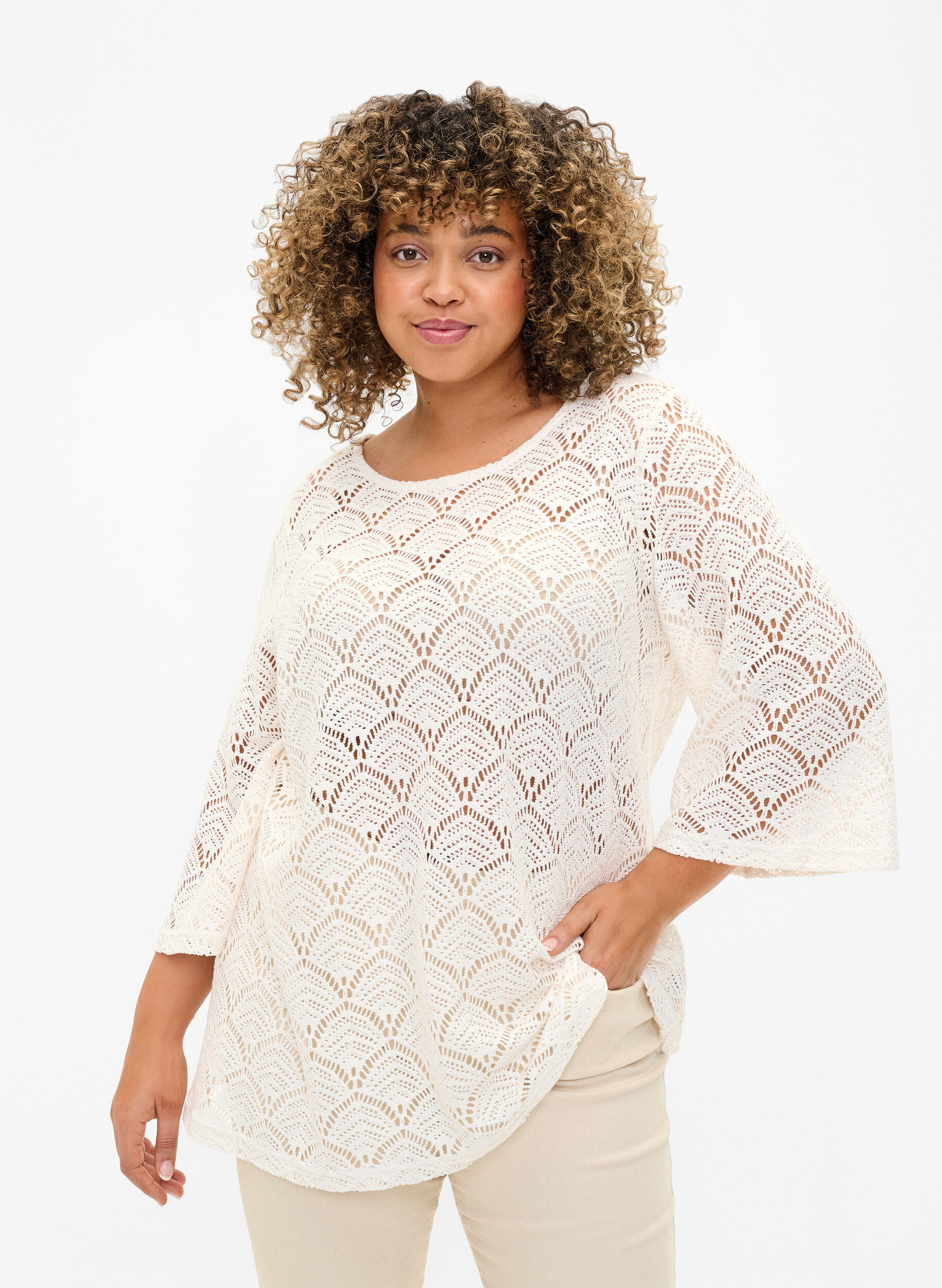 Zizzifashion Crochet blouse with 3/4 sleeves, Sandshell, Model image number 0