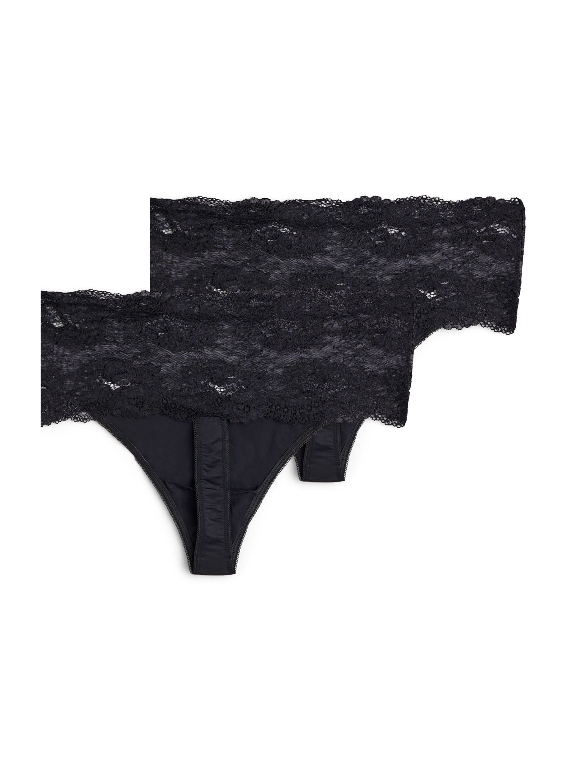 Zizzifashion2-pack thong with wide lace edge, Black, Packshot image number 1