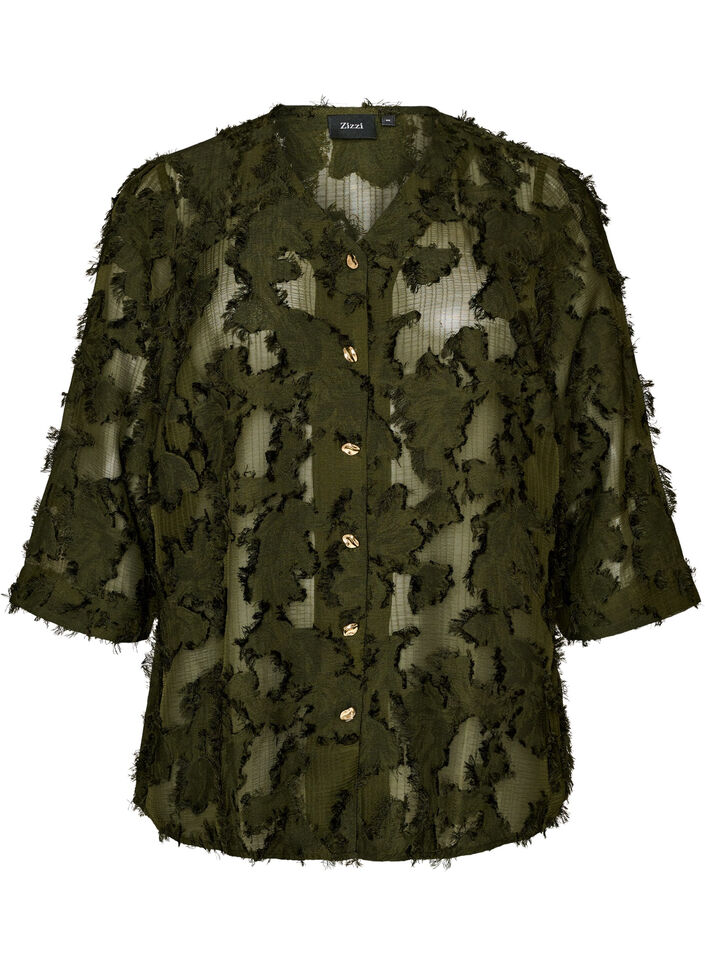 Blouse with frayed threads and texture, Green, Packshot image number 0
