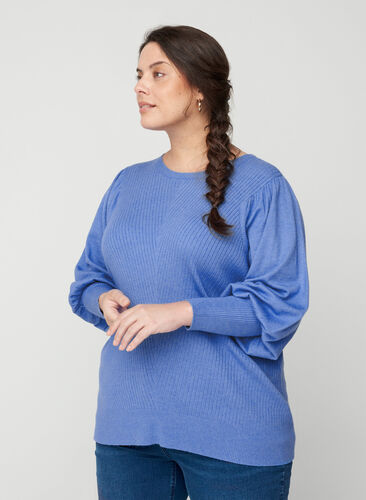 Knitted top with round neck and balloon sleeves , Ultramarine Mel., Model image number 0