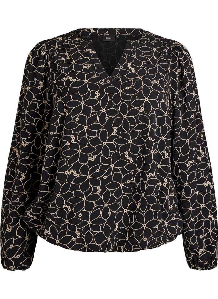 Long-sleeved blouse with floral embroidery, Black, Packshot image number 0