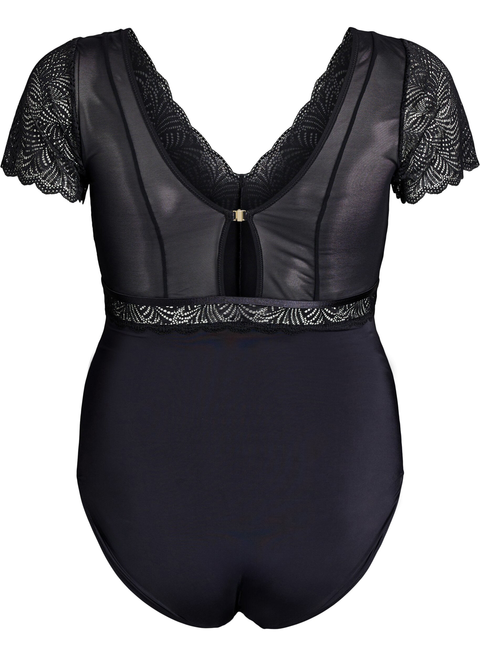 Zizzifashion Bodystocking with lace and short sleeves, Black, Packshot image number 1