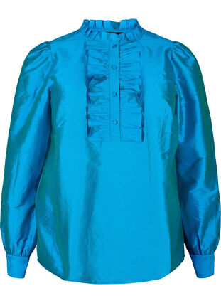 Shiny shirt blouse with ruffles, Diva Blue, Packshot image number 0