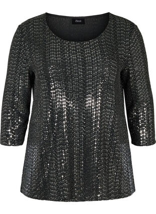 Blouse with 3/4 length sleeves and sequins, Black w Silver, Packshot image number 0