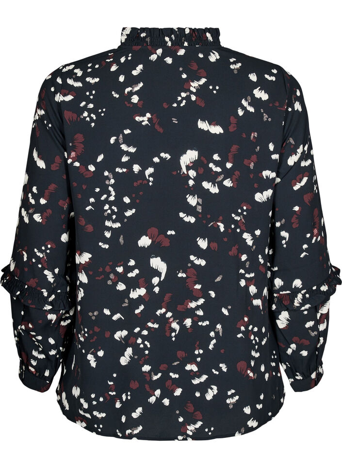 Blouse with print and ruffle details, Black, Packshot image number 1