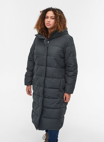Long, hooded puffer winter jacket, Dark Grey Melange, Model image number 0