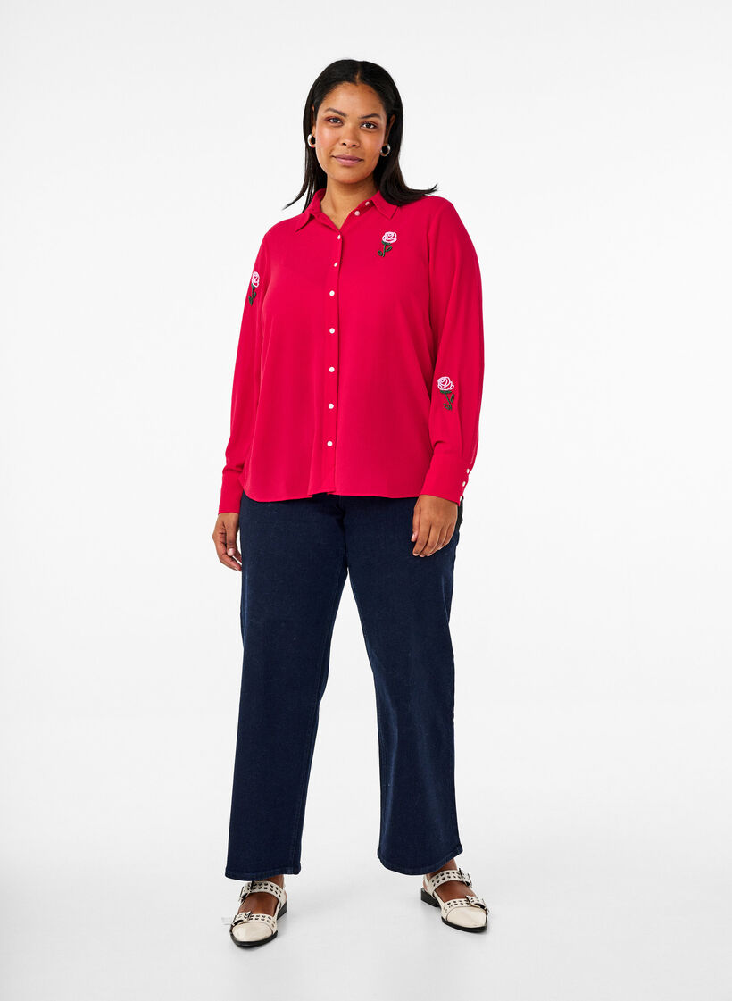 Solid coloured shirt with pearls, Red, Model image number 1