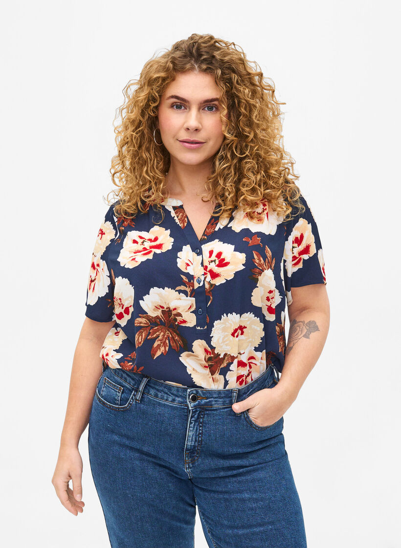 Blouse with short sleeves and v-neck, Blue, Model image number 0