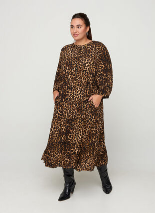 Viscose leopard print midid dress with 3/4 length sleeves, Raw Umber AOP, Model image number 0