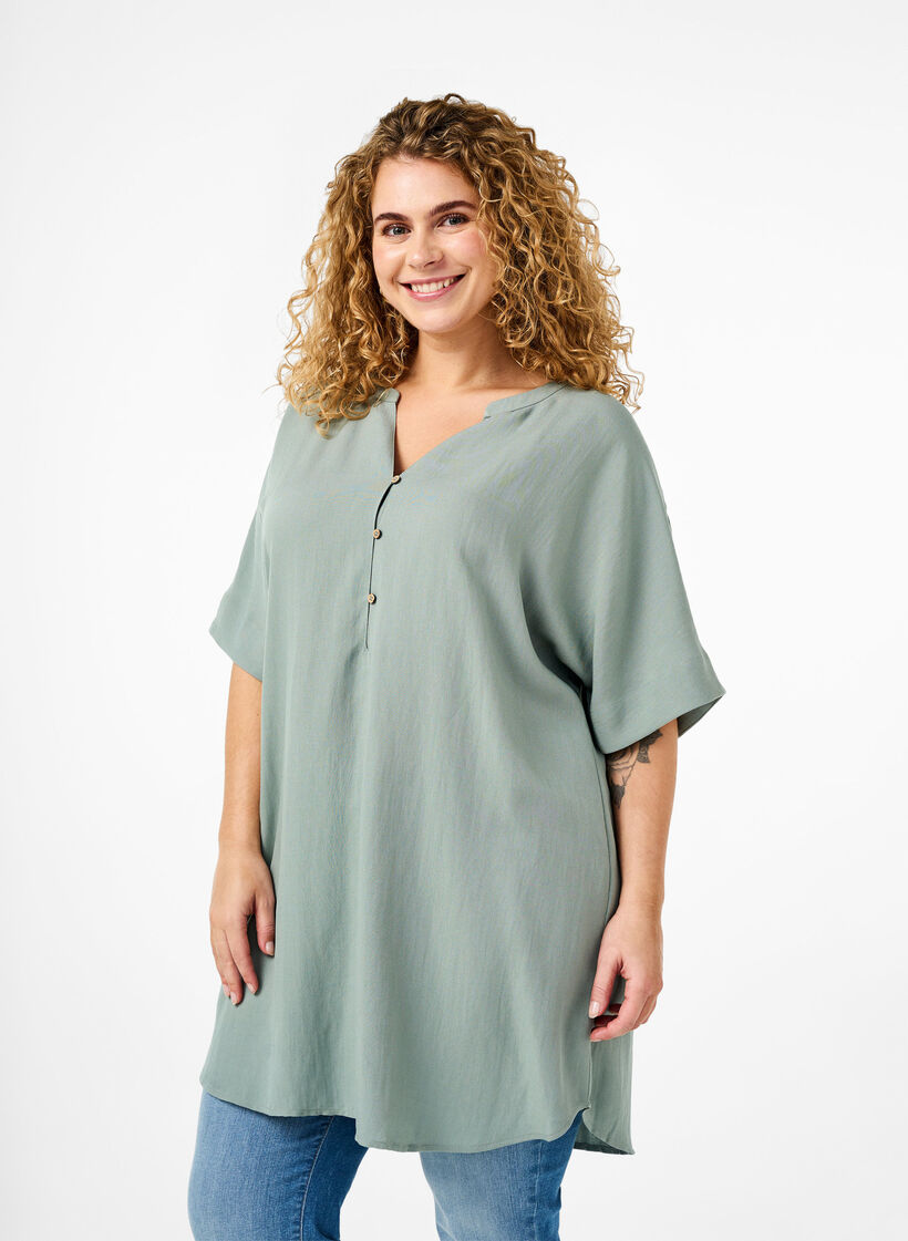 Short sleeve viscose tunic, Chinois Green, Model image number 0