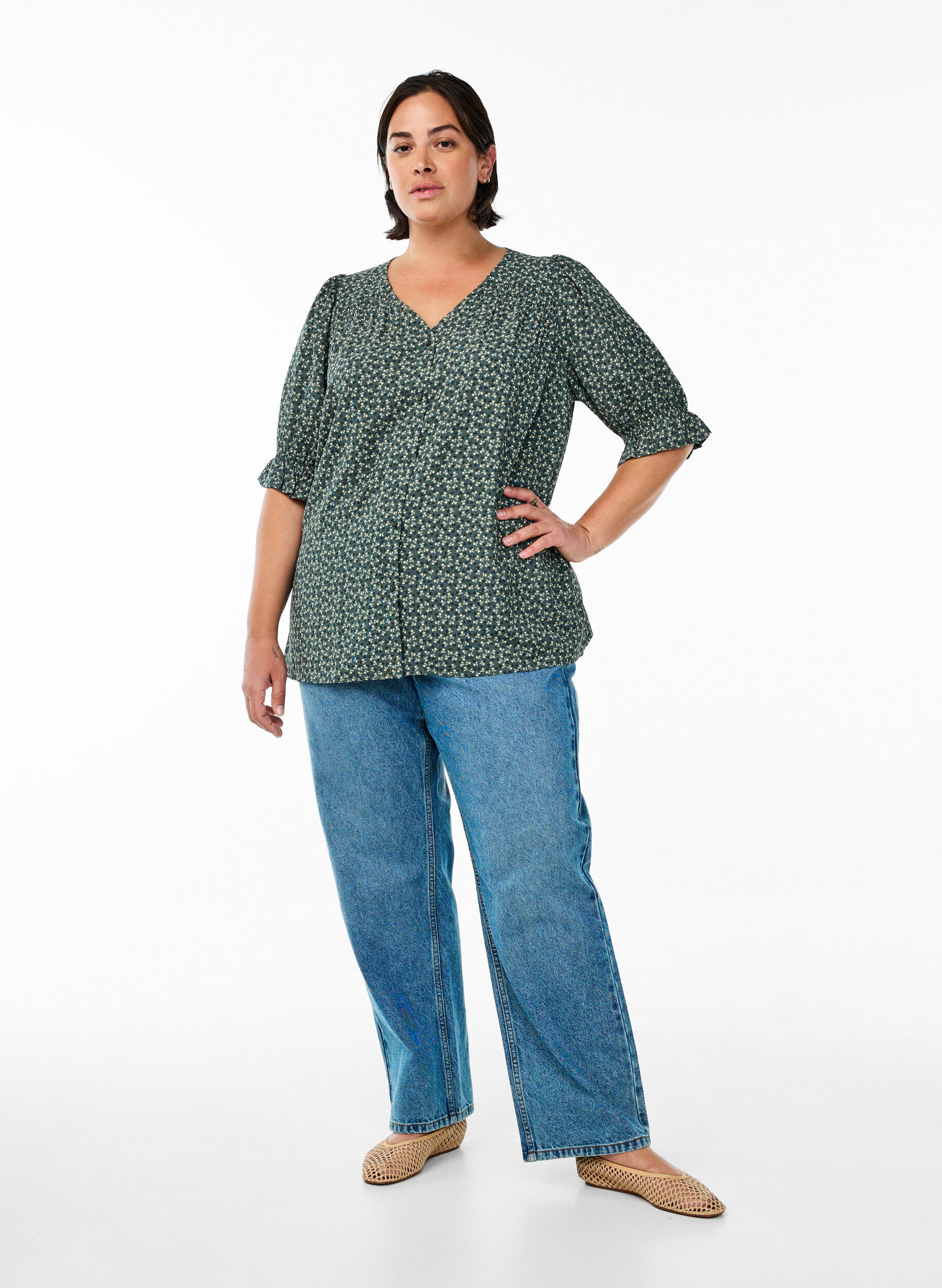 Zizzifashion Shirt blouse with 1/2 sleeves, Green, Model image number 1