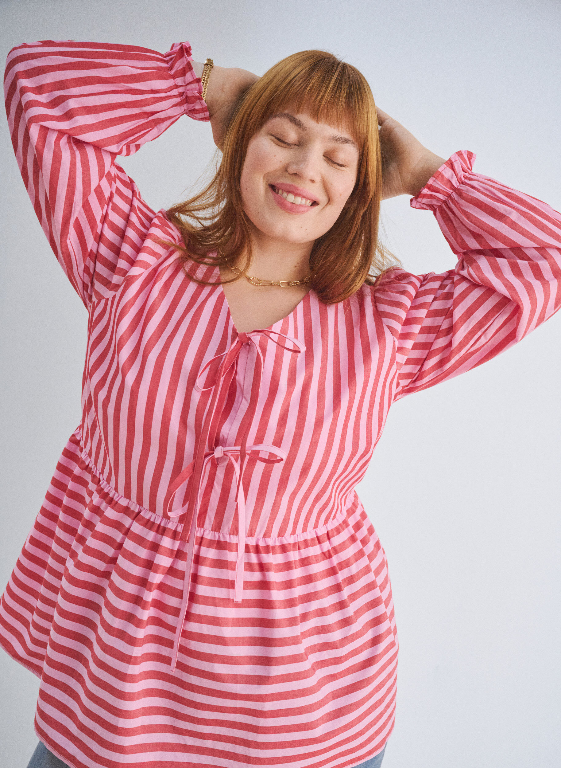 Zizzifashion Blouse with stripes and bows, Red, Image image number 0