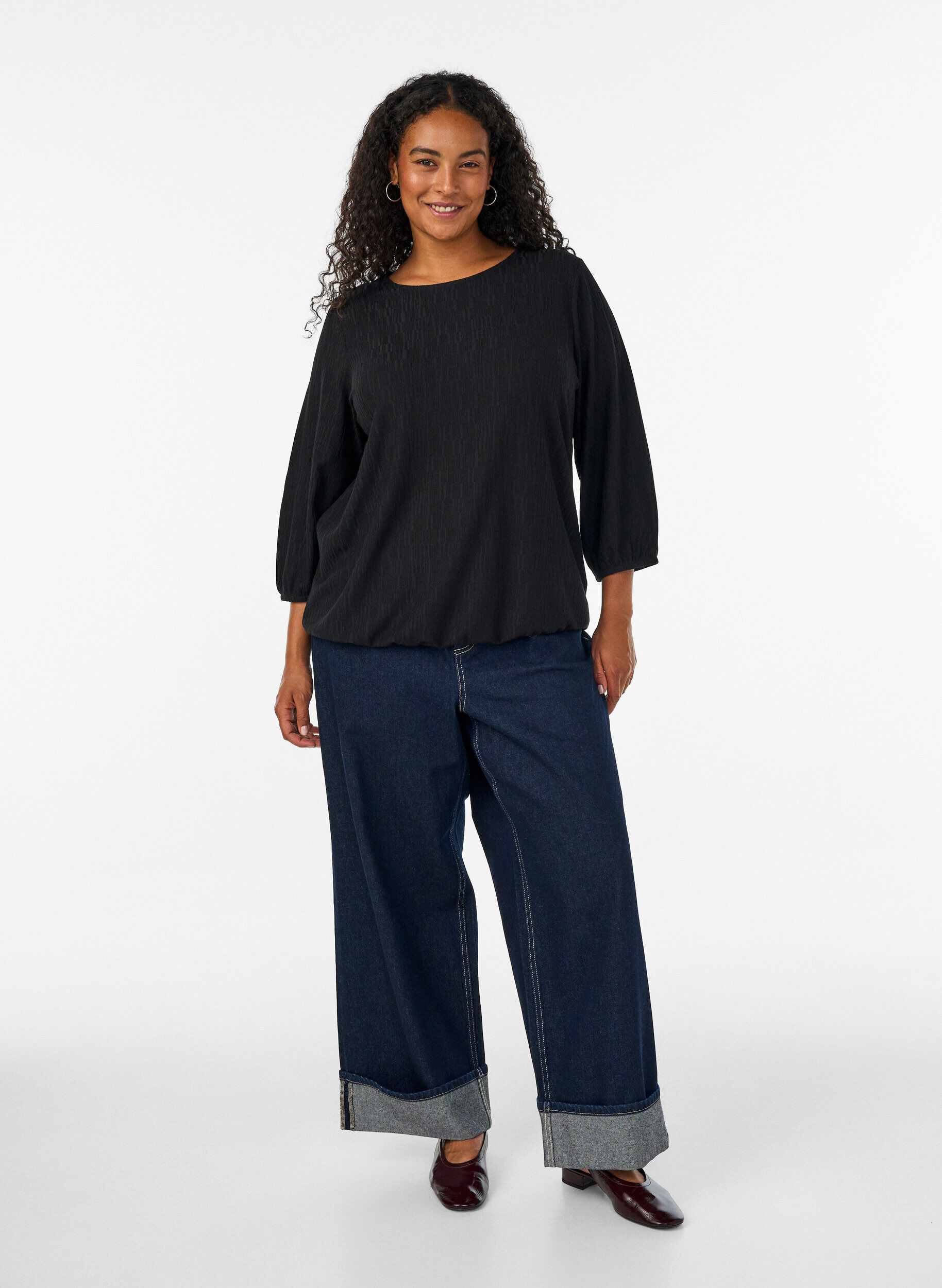 ZizzifashionBlouse with texture and 3/4 sleeves, Black, Model image number 1