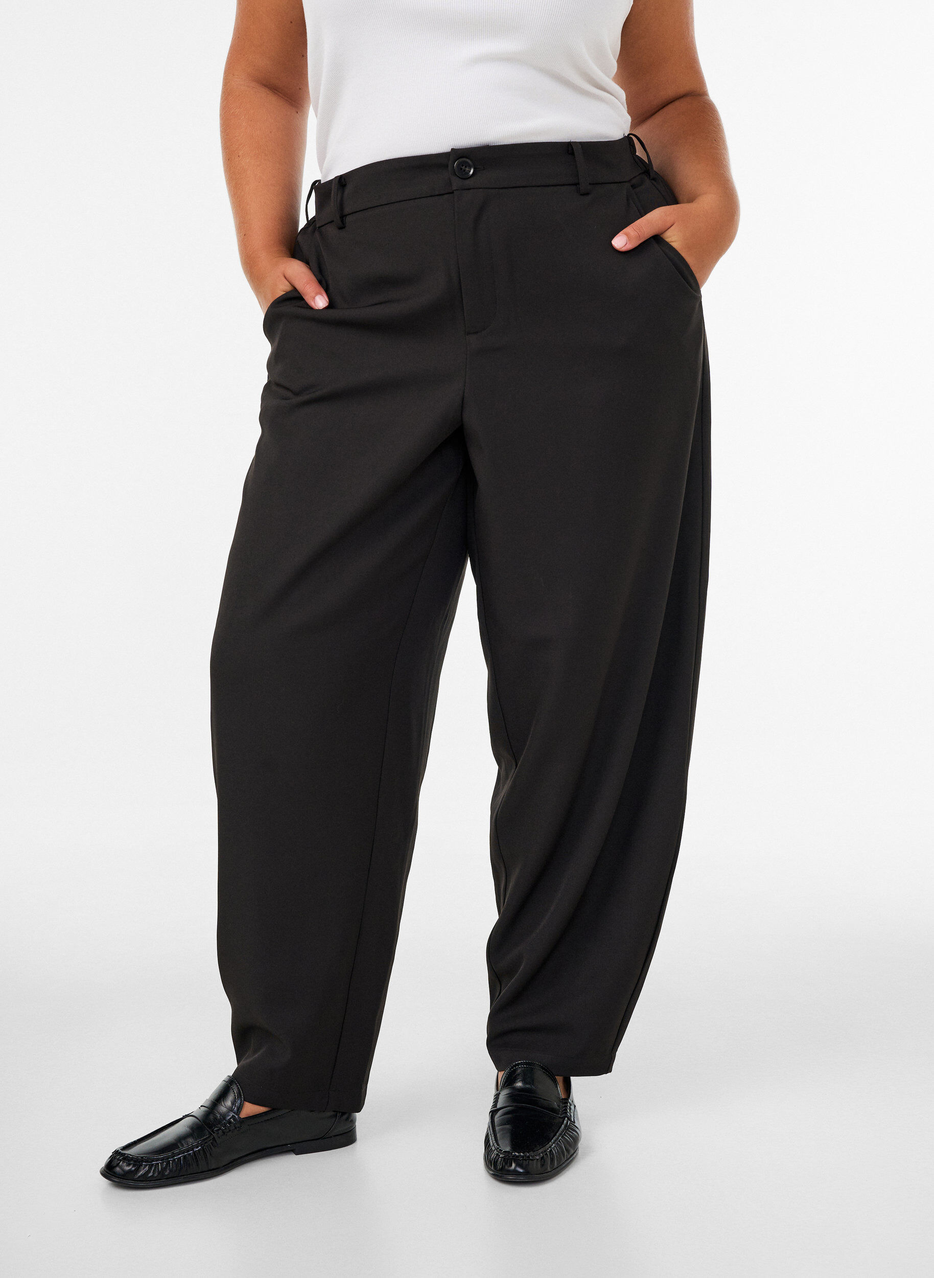 High-waisted barrel fit trousers, Black, Model