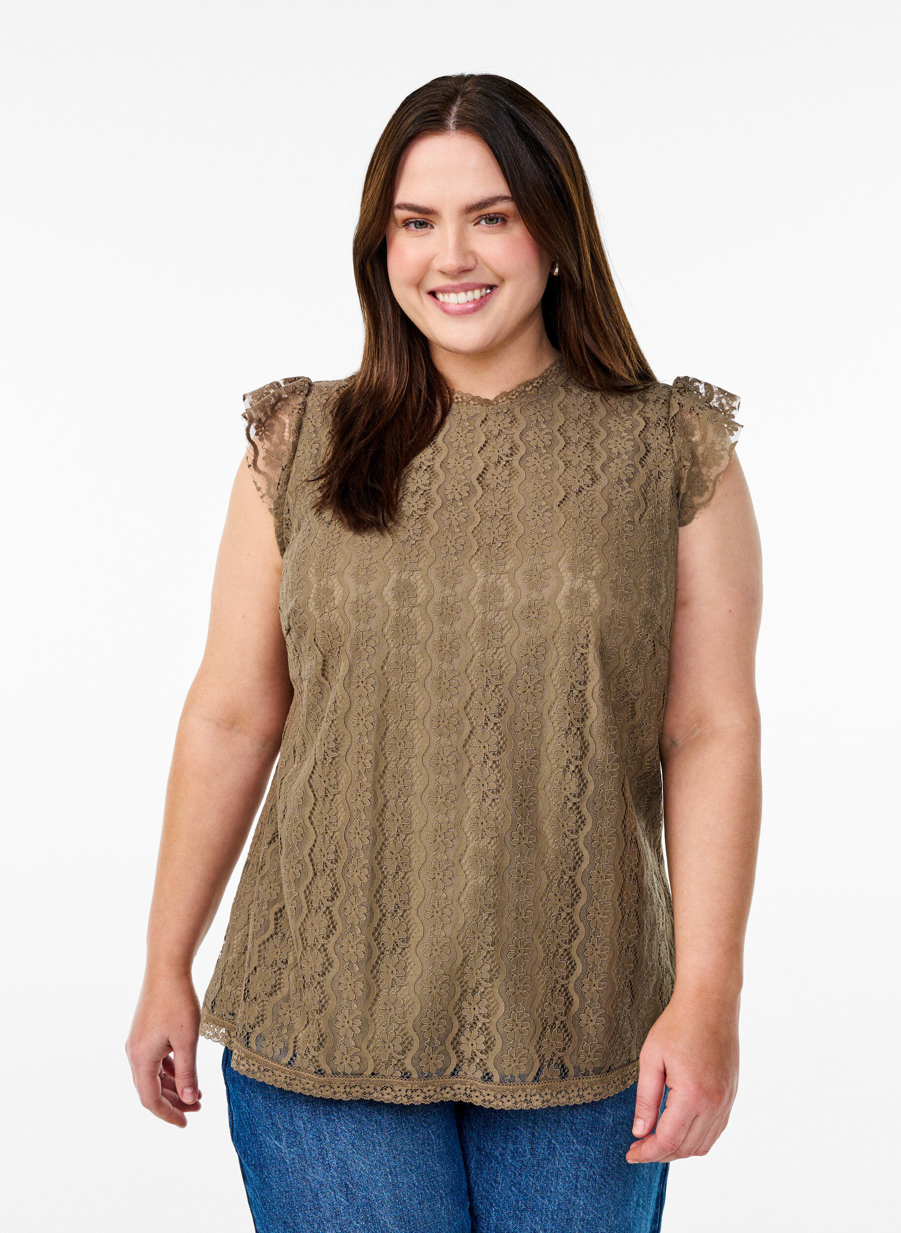 Lace top with ruffle details, Brown, Model