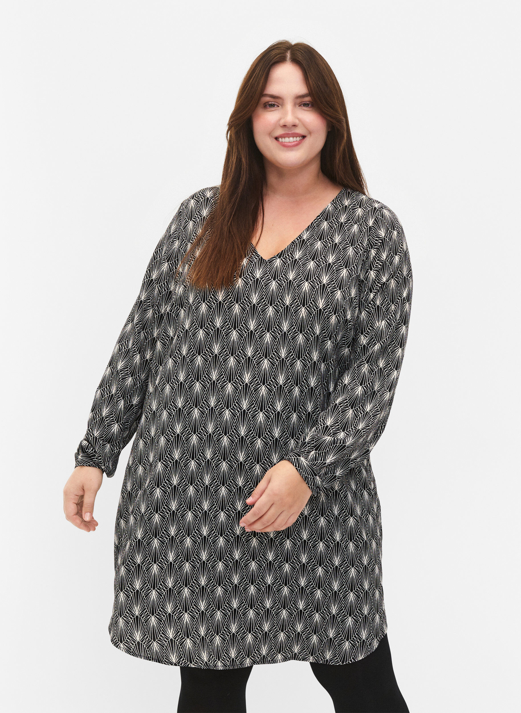 Zizzifashion V-neck dress with print, Birch Graphic AOP, Model image number 0