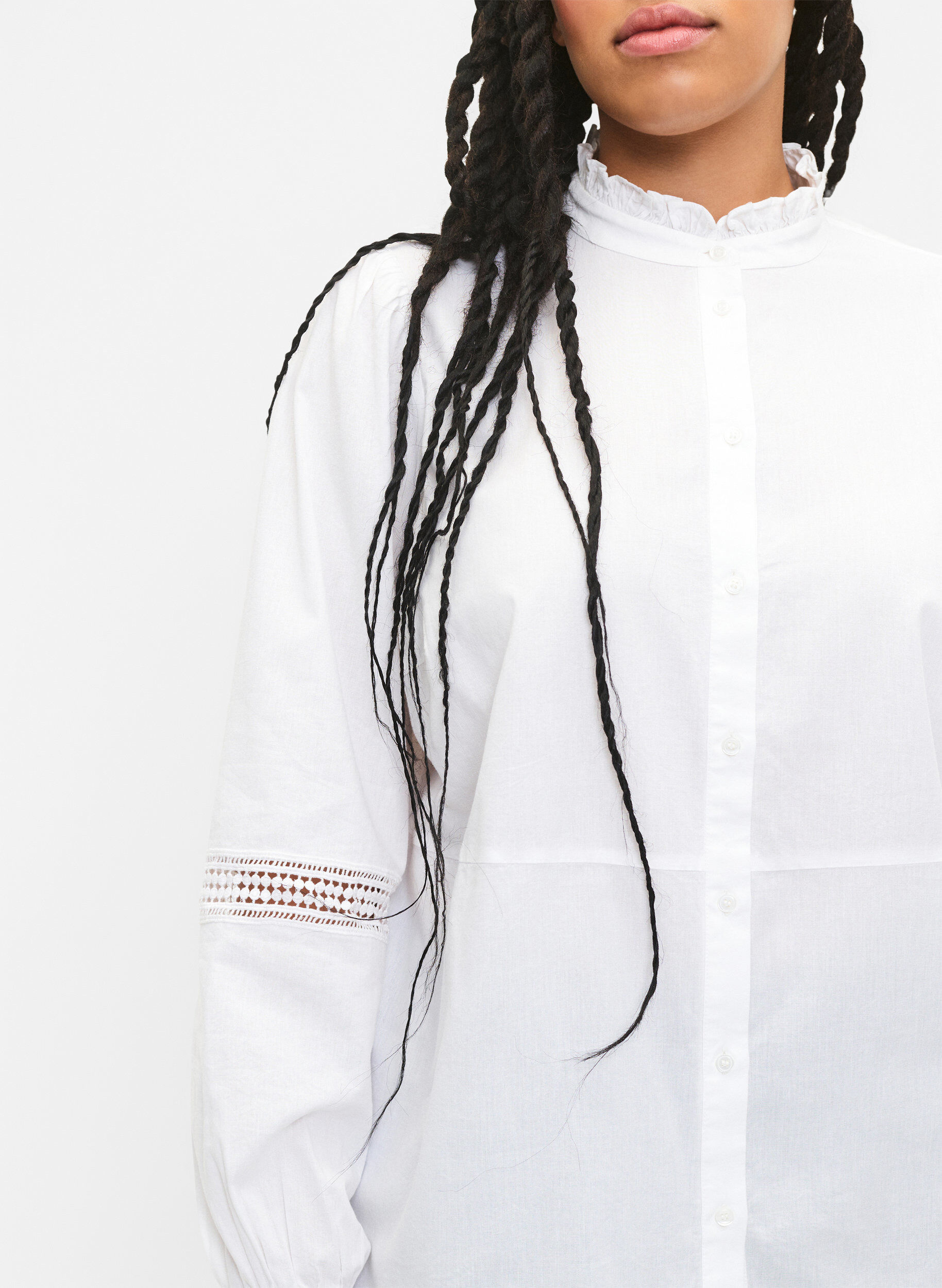 Zizzifashion Shirt blouse with ruffle collar and crochet band, Bright White, Model image number 2