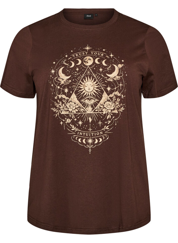 Cotton T-shirt with front print, Brown, Packshot image number 0
