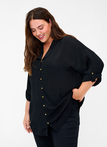 Viscose shirt with 3/4 sleeves, Black, Model image number 0