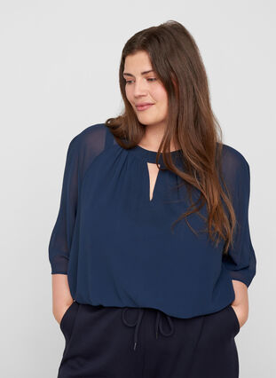 Chiffon blouse with 3/4 sleeves, Navy Blazer, Model image number 0