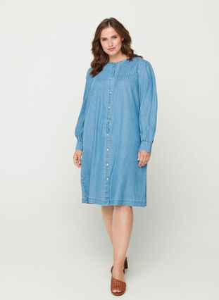Long-sleeved denim dress with puff sleeves, Blue denim ASS, Model image number 2