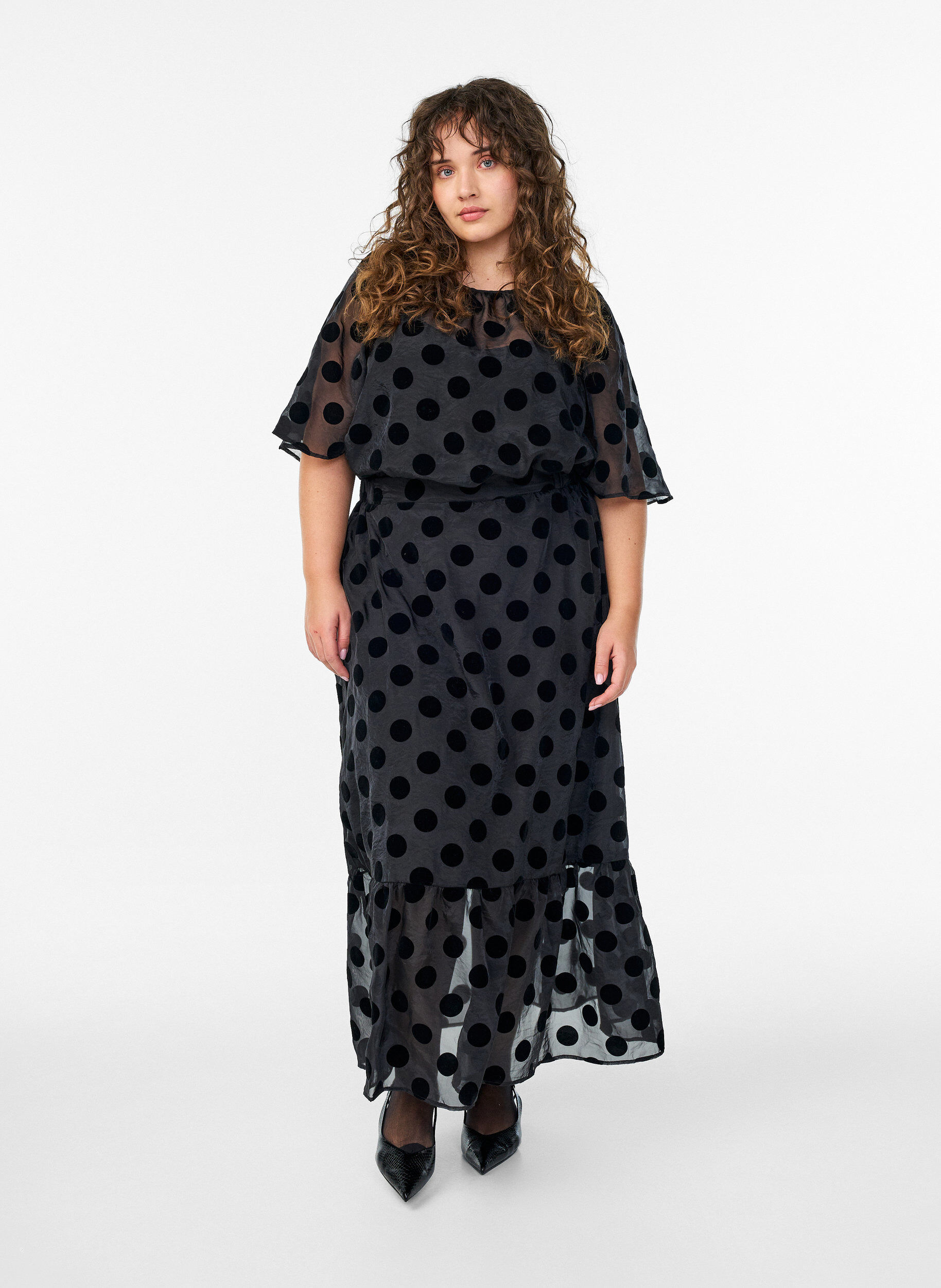 Zizzifashion Party blouse in organza-look with velvet dots, Black, Model image number 1