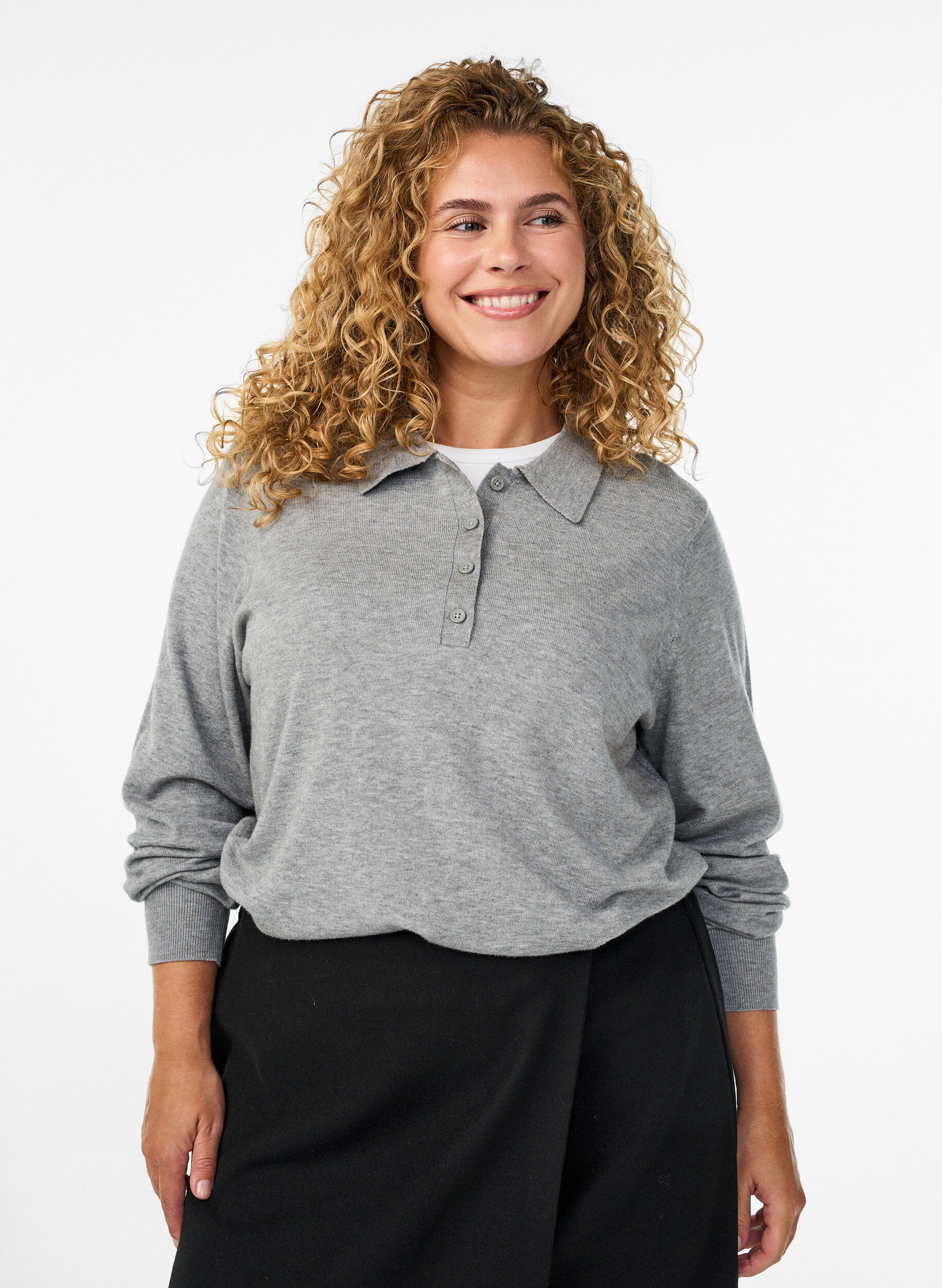 Knit blouse with collar, Grey, Model