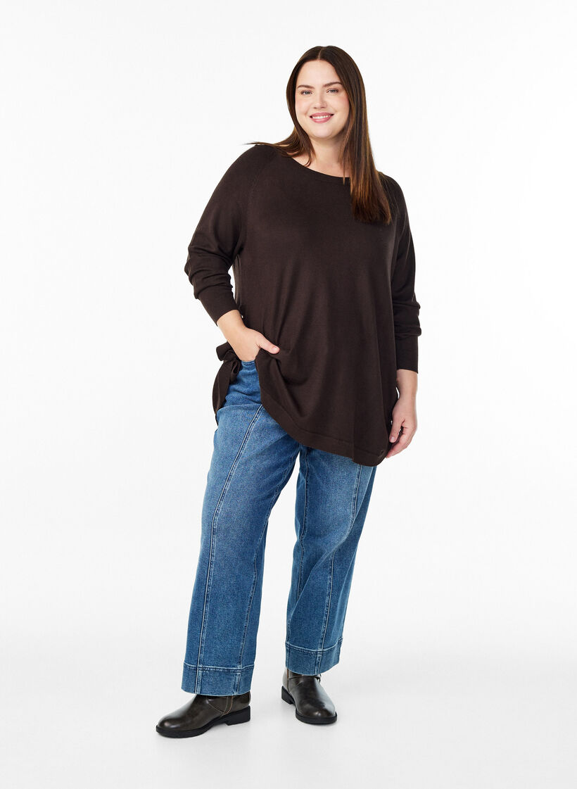 Knitted blouse with side buttons, Brown, Model image number 1