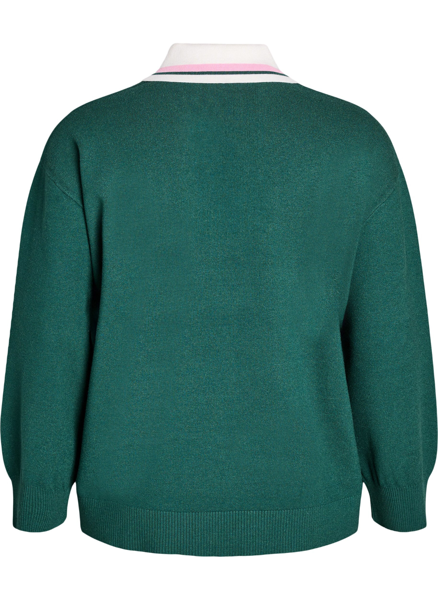 Zizzifashion Knit blouse with polo collar and contrast stripes, Green, Packshot image number 1