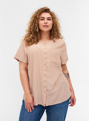 Short-sleeved shirt with a round neckline, Warm Taupe, Model image number 0