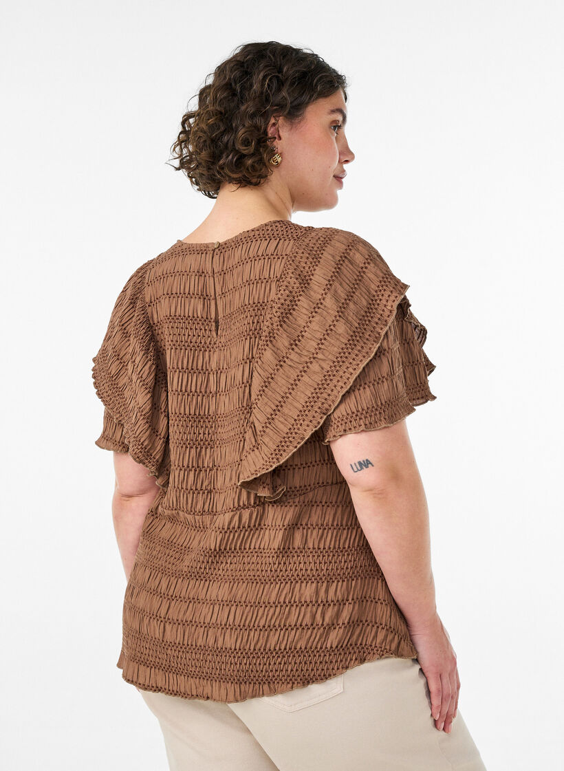 Blouse with smocked texture and ruffle sleeves, Brown, Model image number 2