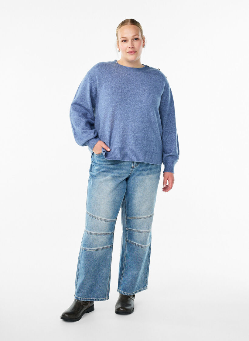 Knit blouse with button detail, Blue, Model image number 1