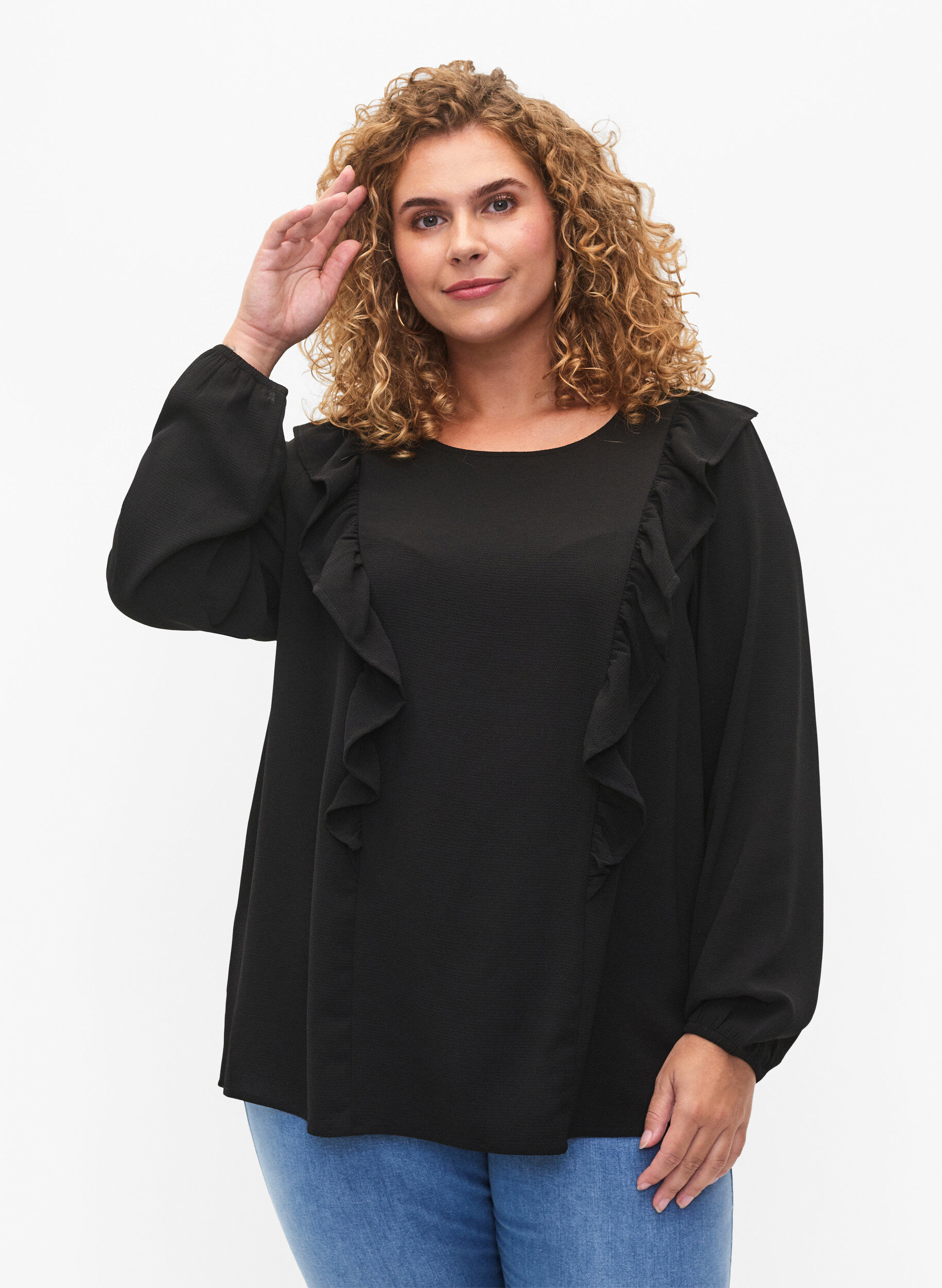 Zizzifashion Long sleeve blouse with ruffles, Black, Model image number 0