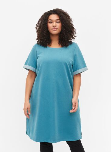 Sweater dress with short sleeves and slits, Brittany Blue, Model image number 0