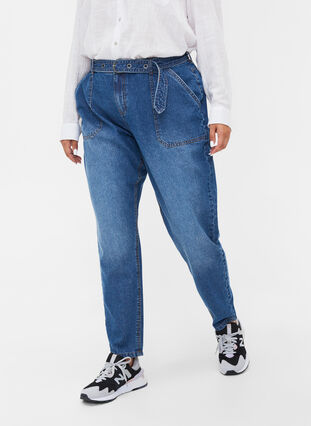 High-waisted jeans with belt, Blue denim, Model image number 2