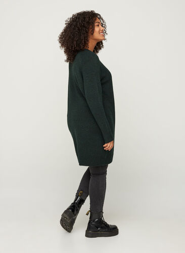 Long-sleeved knitted dress with a round neck, Darkest Spruce Mel, Model image number 1